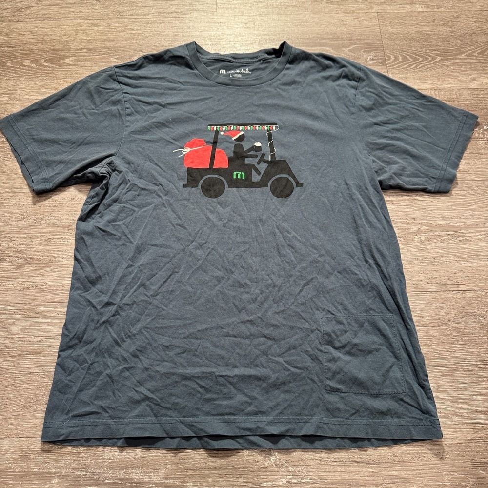 Travis Mathew Shirt Mens Large Blue Christmas Santa Golf Cart Graphic Tee Cotton